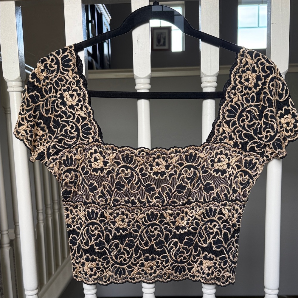 Casadei Black and Cream Floral Lace Crop Top
